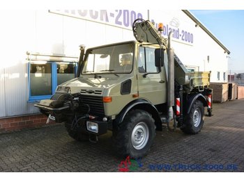 Utilitaire plateau Unimog U427/10 mit Atlas Kran 100.1 + HPC-Seilwinde AHK