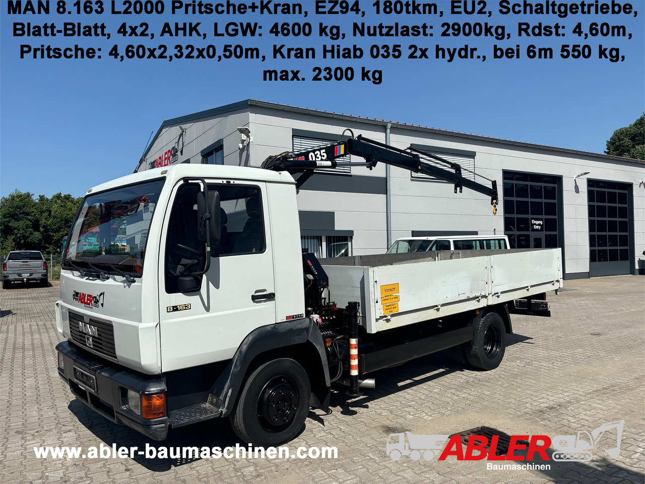 MAN 8.163 L2000 Pritsche+Kran Hiab 035 - Camion plateau, Camion grue: photos 1 MAN 8.163 L2000 Pritsche+Kran Hiab 035 - Camion plateau, Camion grue: photos 1