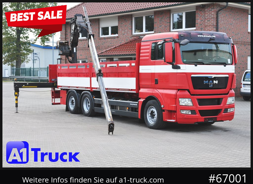 MAN TGX 26.400, Hiab Kran, Lenk-Liftachse, - Camion grue, Camion plateau: photos 1 MAN TGX 26.400, Hiab Kran, Lenk-Liftachse, - Camion grue, Camion plateau: photos 1