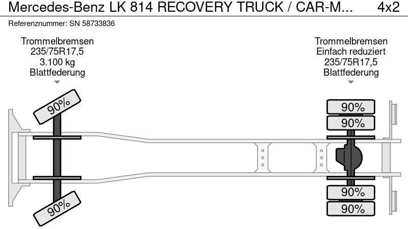 Camion porte-voitures Mercedes-Benz LK 814 RECOVERY TRUCK / CAR-MACHINE TRANSPORTER (6-CILINDER / MANUAL GEARBOX / FULL STEEL SUSPENSION / WINCH / HYDRAULIC RAMPS): photos 16